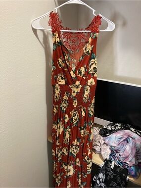 Rust Floral Maxi Dress with Lace Back Detail